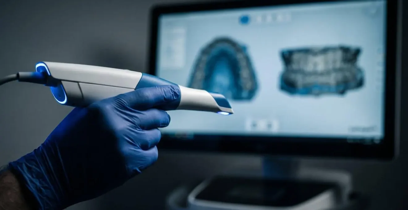 Scanner intra-oral moderne tenu par une main gantée dans un cabinet dentaire, émettant une lueur bleue, avec un écran de modélisation 3D en arrière-plan flou